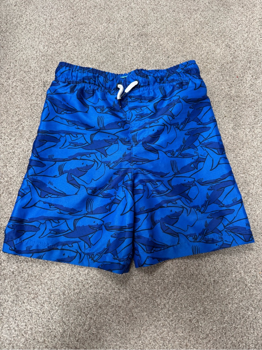 Boys Blue Shark-Print Swim Trunks with Drawstring
